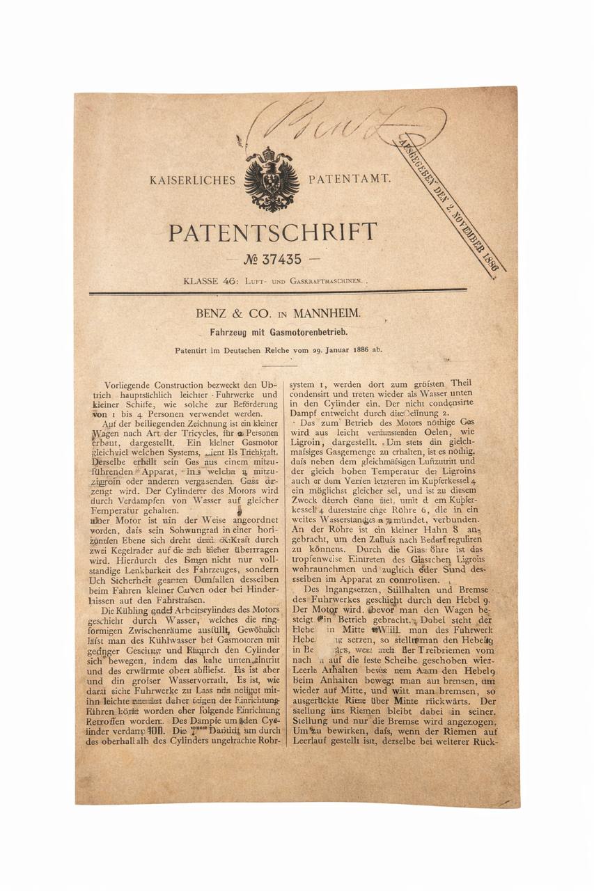 Historische Patentkopie – DRP 37435 Carl Benz: Gasbetriebenes Fahrzeug (1886)