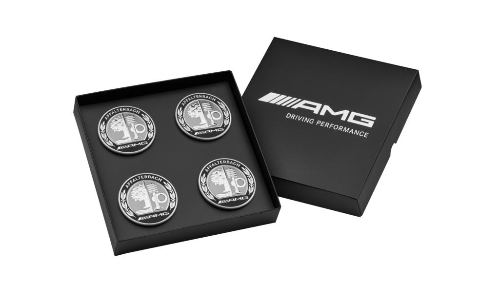 Coprimozzo AMG, con emblema AMG, set di 4, colore argento / nero